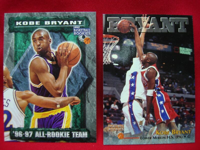 Two 1996-97 Kobe Bryant rookie basketball cards in excellent condition, including Score All-Rookie Team #13 and Score Rookies #15