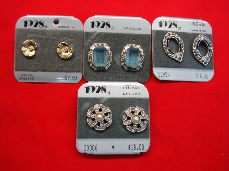 Vintage 1928 Stud Earrings Set (4 Pairs) - Rhinestones & Marcasites - New With Tags