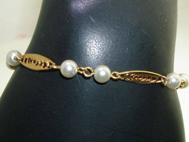 Vintage Napier Gold Tone Filigree Faux Pearl Bracelet (1970s-80s)