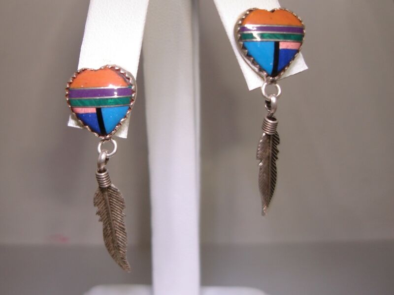 Vintage Native American Sterling Silver Gemstone Inlay Earrings with Feather Dangle