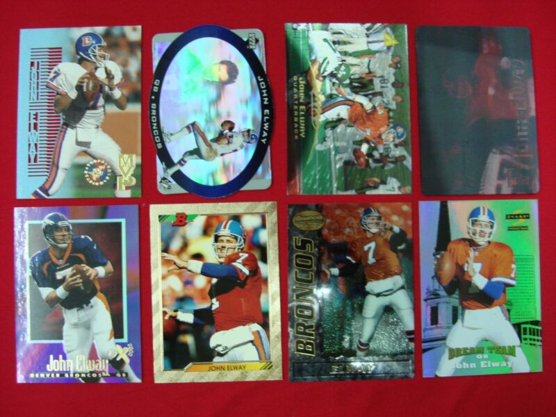 Collection of 8 John Elway football cards in great condition, featuring the legendary Denver Broncos quarterback.
