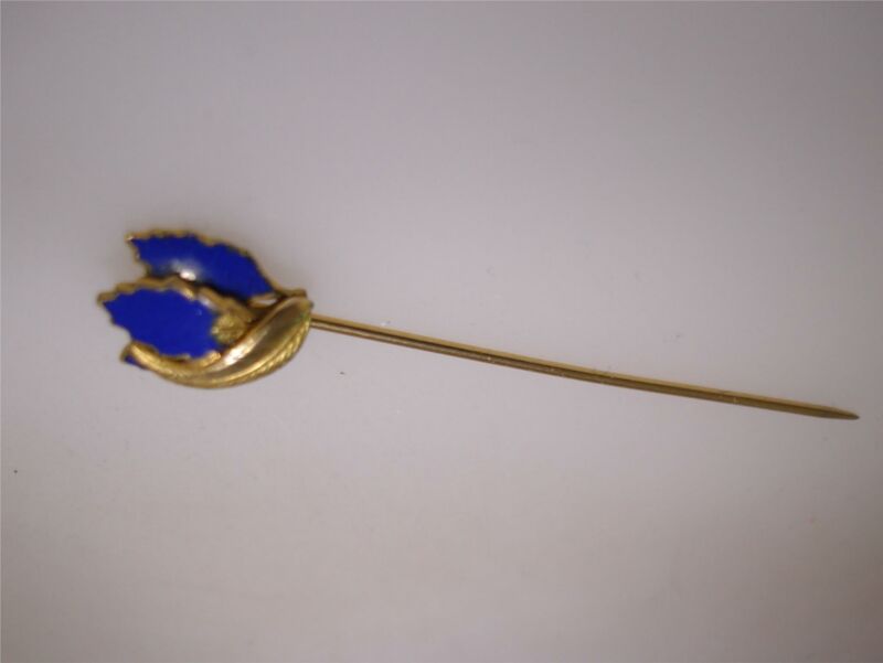 Vintage gold-washed blue enamel leaf stick pin, unique statement jewelry
