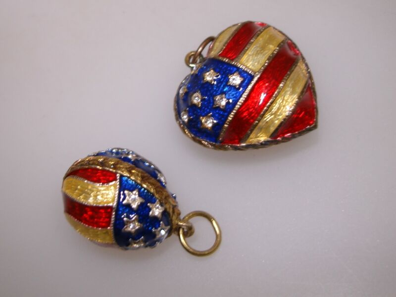 Vintage cloisonné enamel heart and eagle charms with cubic zirconia accents, commemorating 9/11 and the USA.