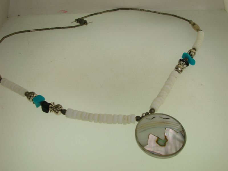 Vintage Southwestern Turquoise & Mother of Pearl Inlay Pendant Necklace