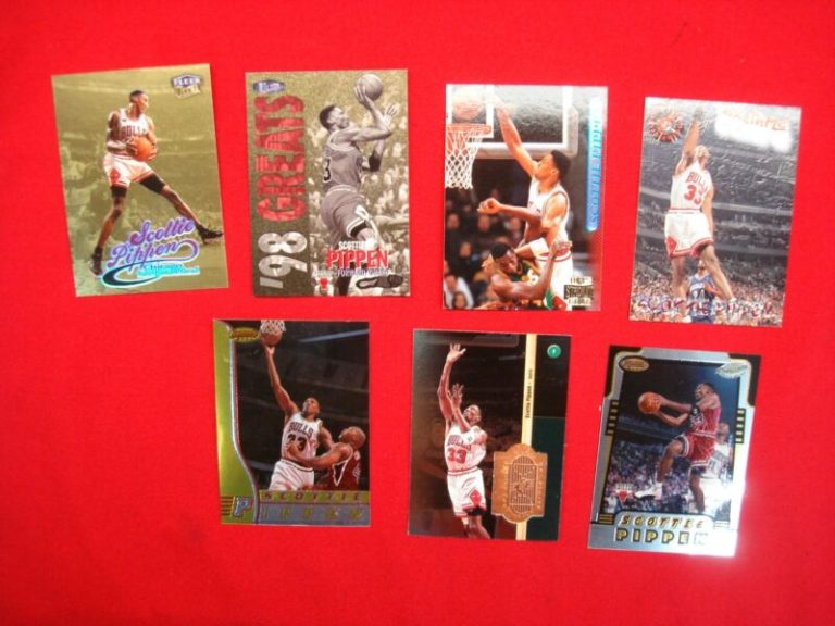 Scottie Pippen trading card collection featuring seven cards with inserts, gold medallion, and premium cards.