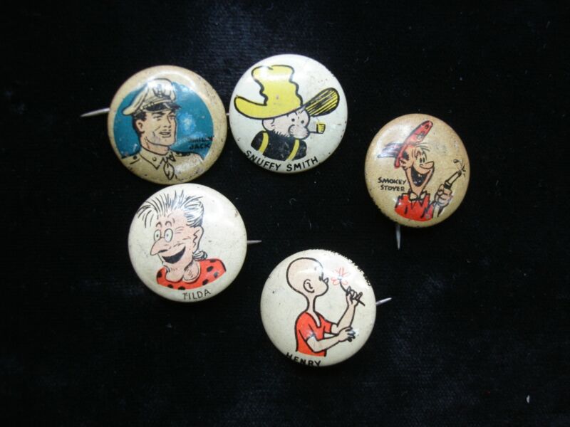 Vintage Kellogg's Pep Cereal Buttons (Set of 5) featuring Henry, Tilda, Sniffy Smith, Smokey Stover, and Smilin' Jack.