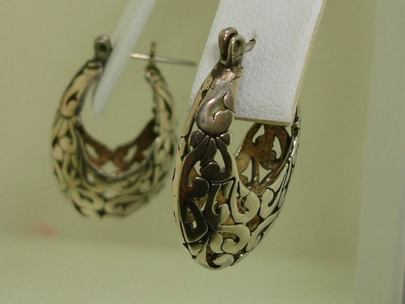 Vintage sterling silver filigree hoop earrings, signed and intricately crafted