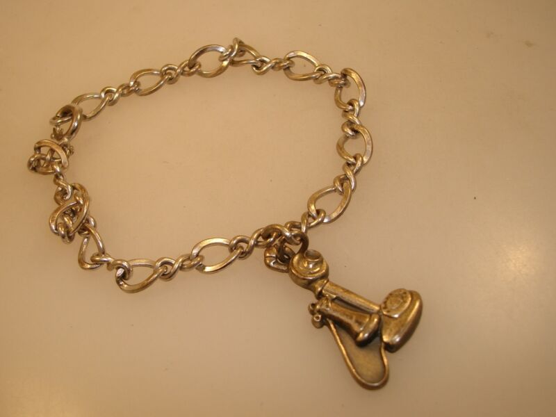 Vintage 1950s Sterling Silver Charm Bracelet with Stick Phone Charm