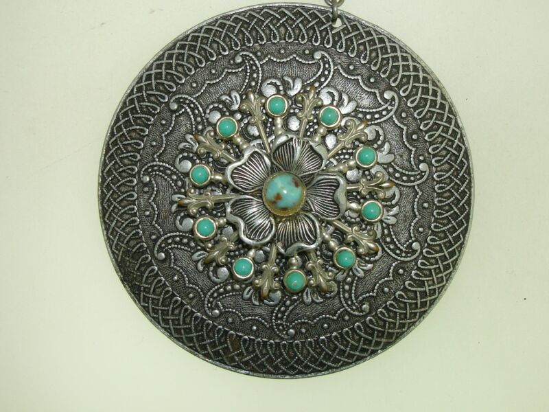 Vintage 1940s ornate silver tone turquoise pendant necklace