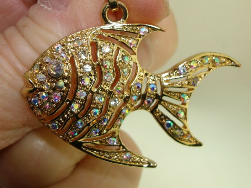 Vintage gold-tone angel fish pendant with AB rhinestones