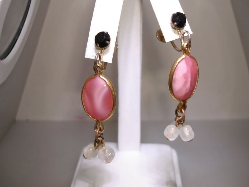 Vintage 1940s art glass dangle earrings with pink and black rhinestones