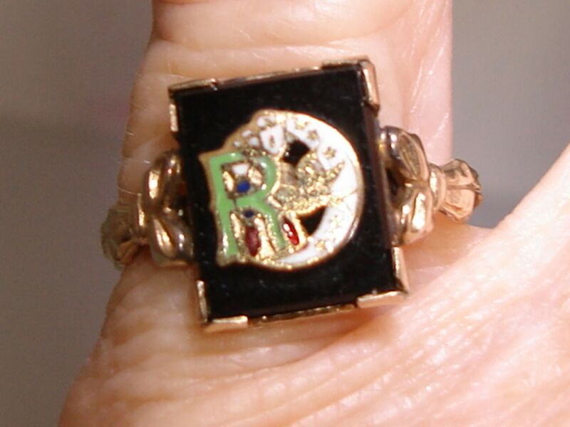 Art Nouveau Daughters of Rebekah Ring - Onyx & Enamel Gold Filled (Size 6.5)