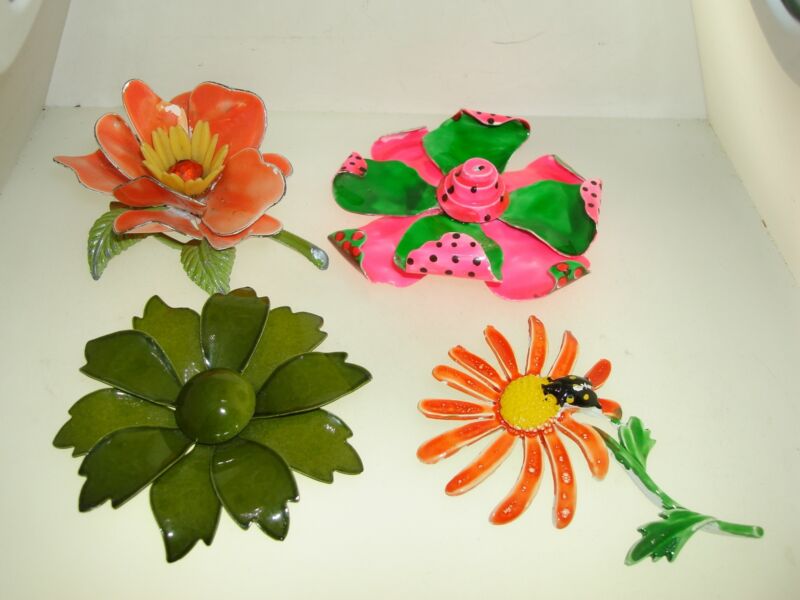 Vintage Enameled Metal Flower Pins (Set of 4)