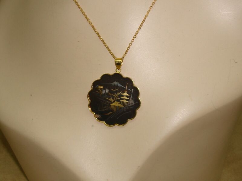 Vintage 1960s Japanese Damascene Pagoda Pendant Necklace
