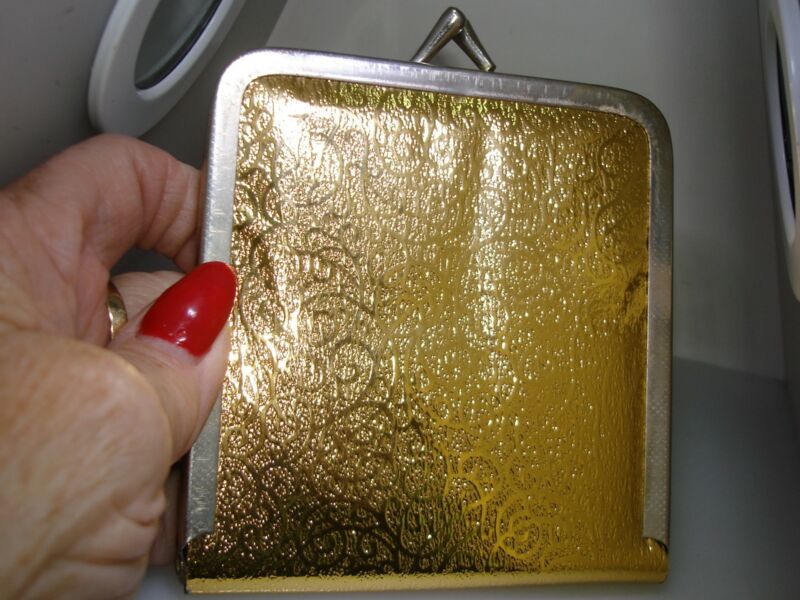 Vintage 1960s gold lame magnifying and mirror compact, estate find