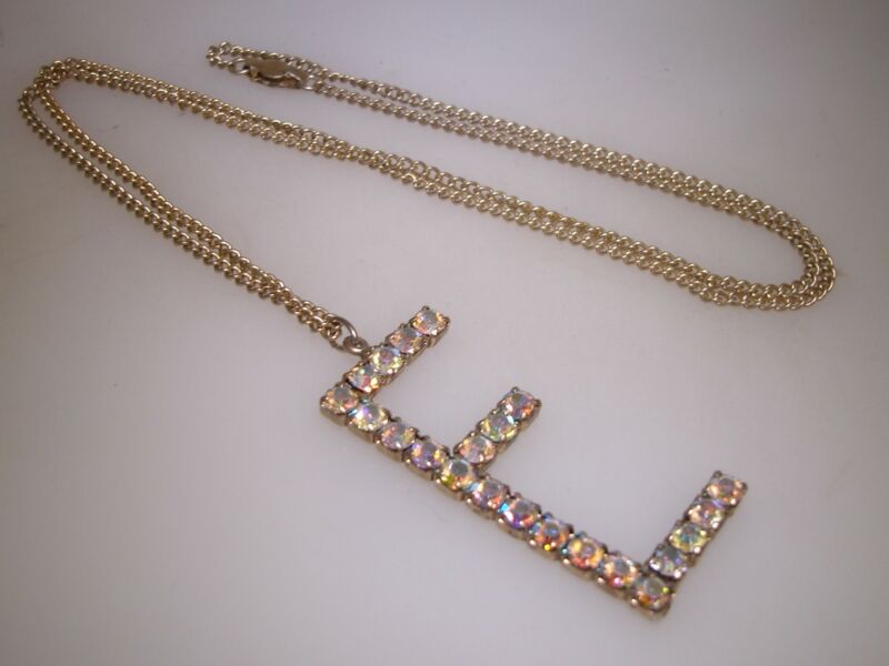 Vintage 1960s AB Rhinestone Initial 'E' Pendant Necklace