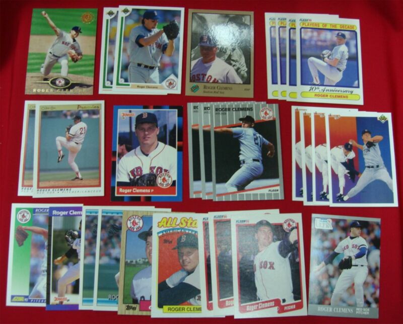 Vintage Roger Clemens baseball cards from the late 1980s and early 1990s