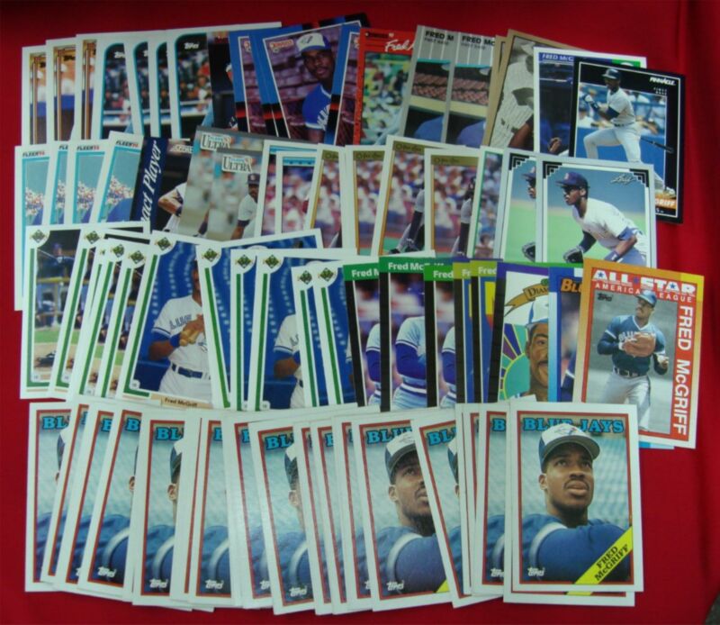 Fred McGriff baseball cards collection from the late 1980s to early 1990s, featuring Blue Jays and Padres cards