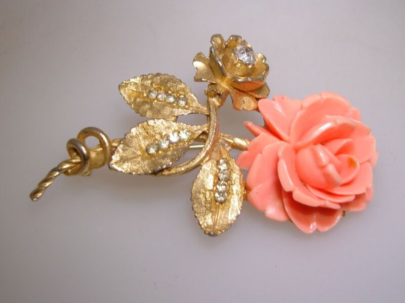 Vintage 1970s Lucite Rose Pin with Rhinestones