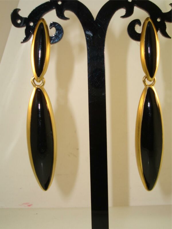 Vintage 1980s gold-tone and black enamel dangle earrings