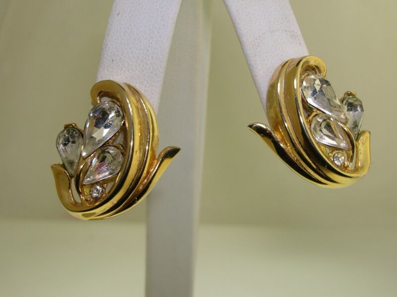 Vintage Trifari Crown Clip-On Earrings - Gold Tone Rhinestone Pear Shapes