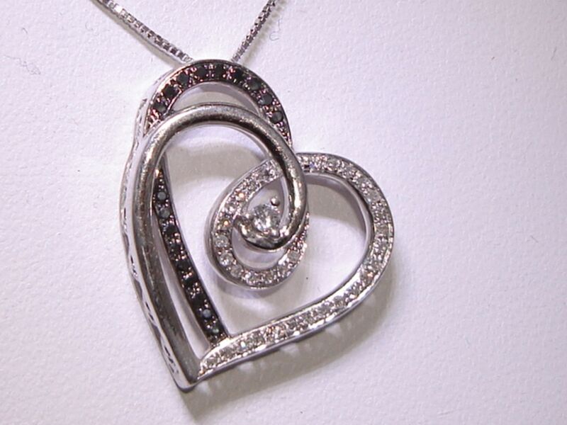 Sterling Silver KSJ Heart Diamond Pendant Necklace - Black & Clear (.25ct)