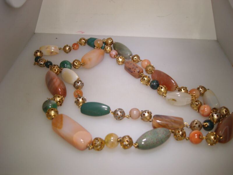 1980s vintage gemstone and gold filigree beaded necklace