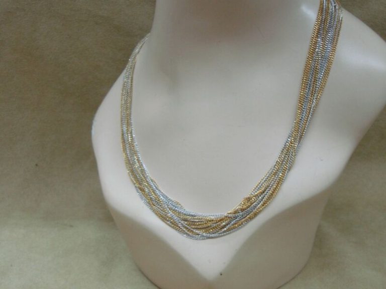 Vintage 1980s statement necklace, 20 strands silver and gold-tone chain, 21 inches