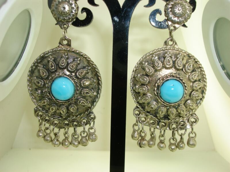 Vintage estate silver dangle earrings with turquoise and bells