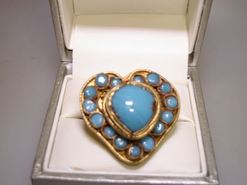 Vintage 1920s Chinese Tibetan Brass Heart Ring with Turquoise Glass