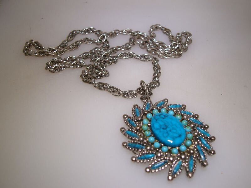 Vintage 1970s Jonette Jewelry Faux Turquoise Needlepoint Pendant