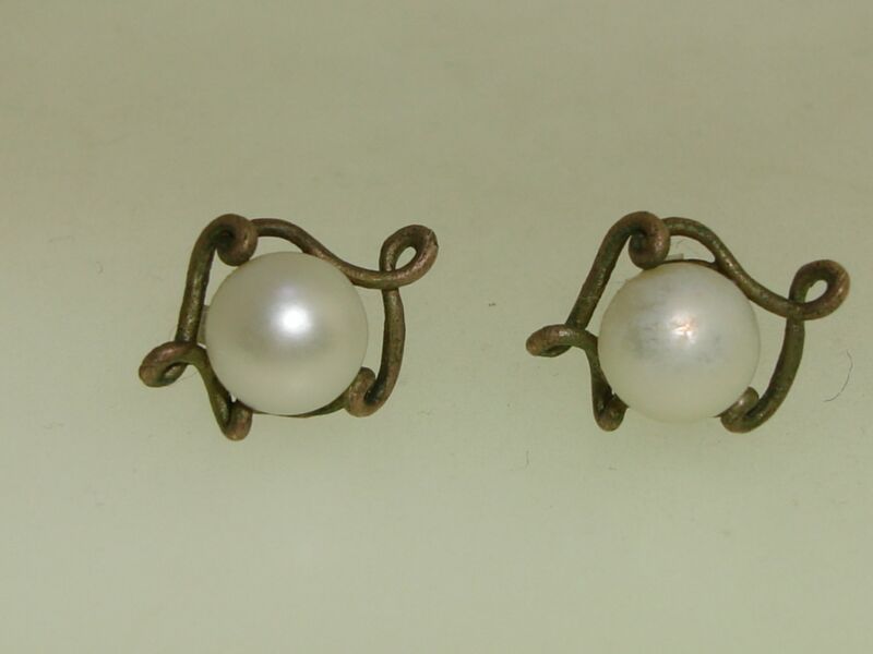 Vintage signed creamy white pearl earrings in rose gold and sterling silver