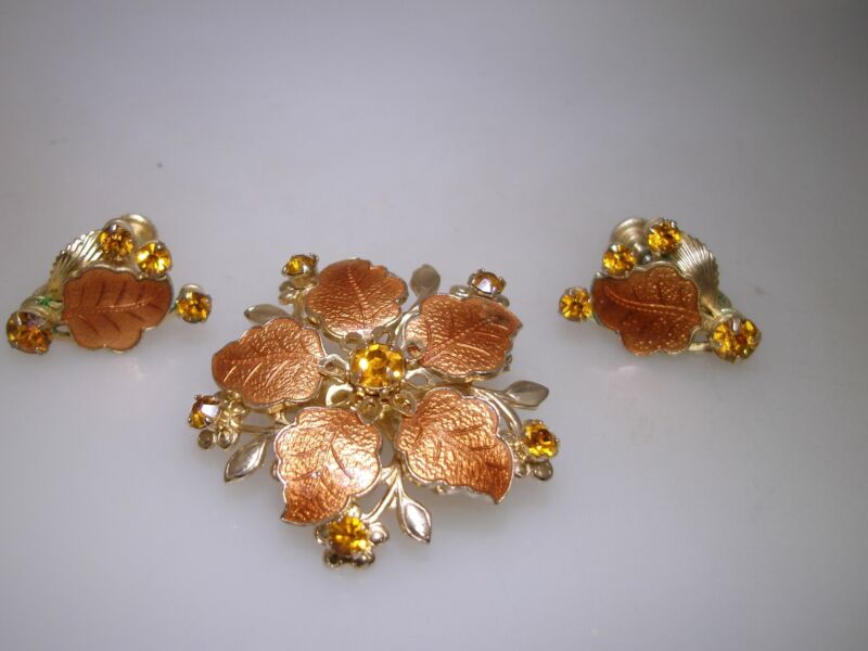 Vintage 1950s cloisonné enamel and rhinestone pin and earring set