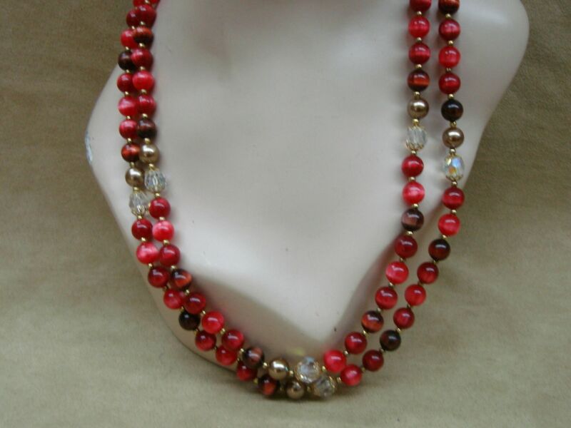 Vintage 1980s Moonglow Red Lucite & Crystal Necklace