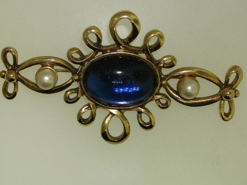 Vintage 1970s blue glass cabochon and pearl pin