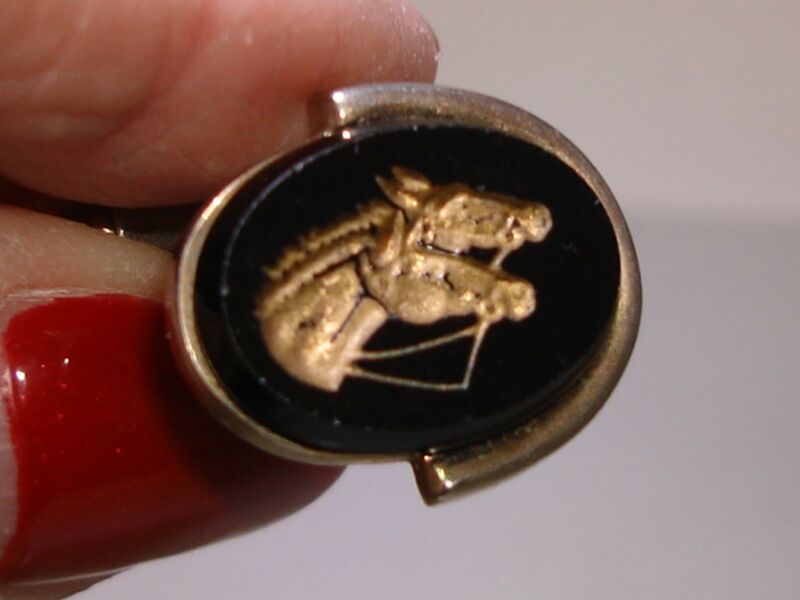 Vintage 1940s black glass horse head cufflinks with gold tone accents