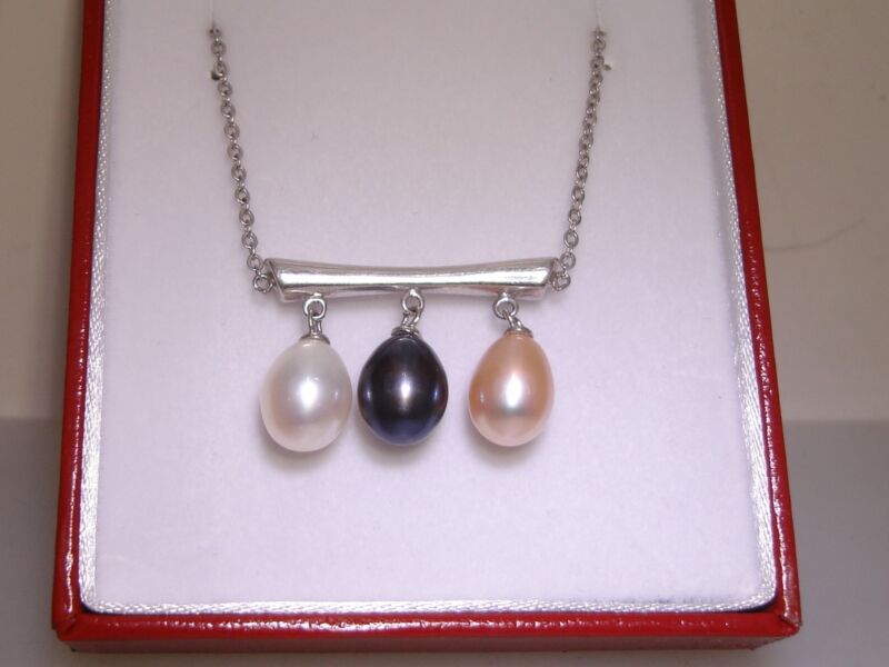 Sterling Silver Freshwater Pearl Necklace - White, Black & Pink