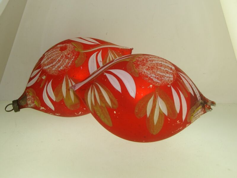 Pair of antique hand-painted red Czech Christmas ornaments with frosted floral detail