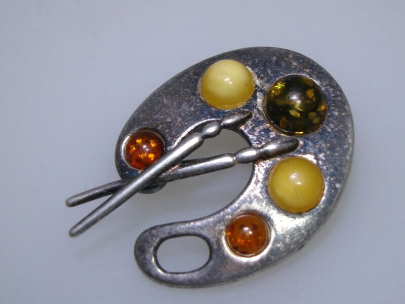 Vintage Sterling Silver & Amber Palette Pin Brooch