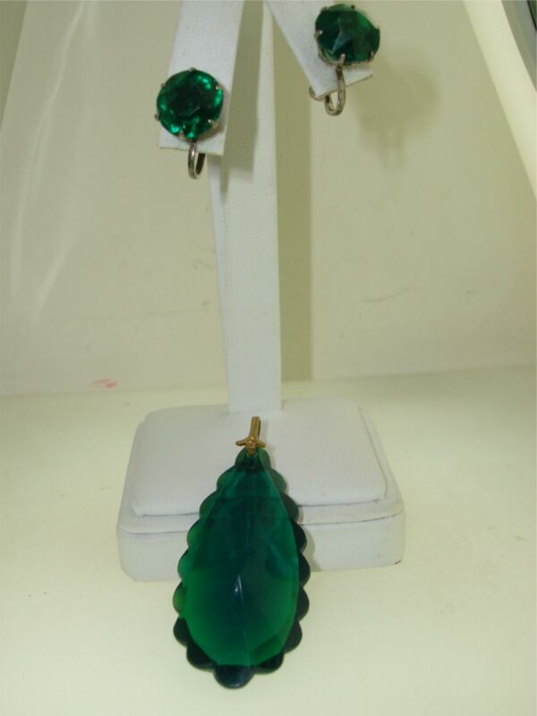 Vintage 1940s green lucite pendant and sterling silver earrings