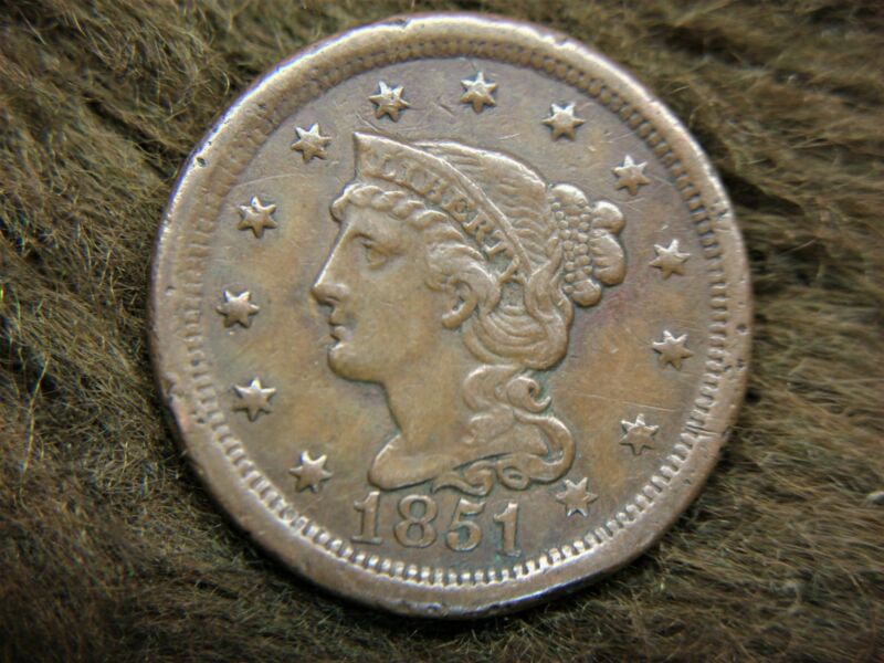1851 U.S. Braided Hair Large Cent with Chocolate Brown Toning
