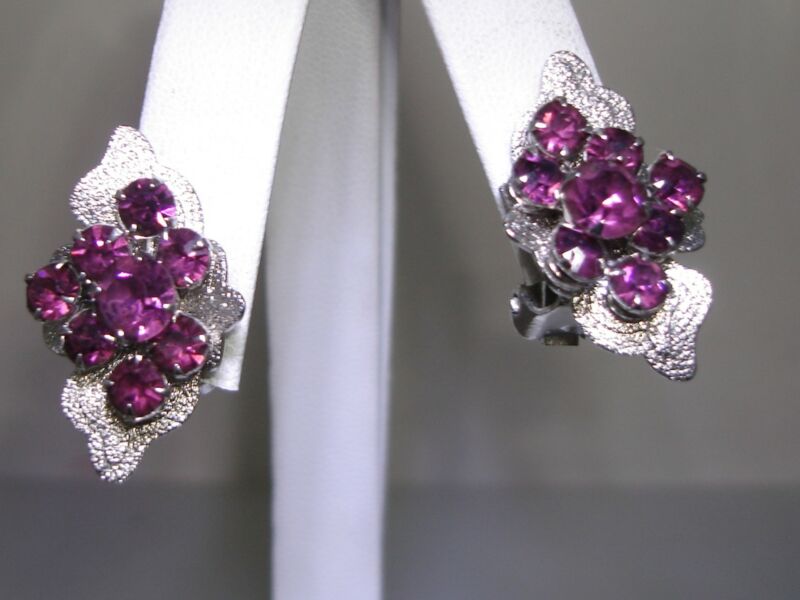 Vintage 1960s Silver Amethyst Rhinestone Clip-on Earrings