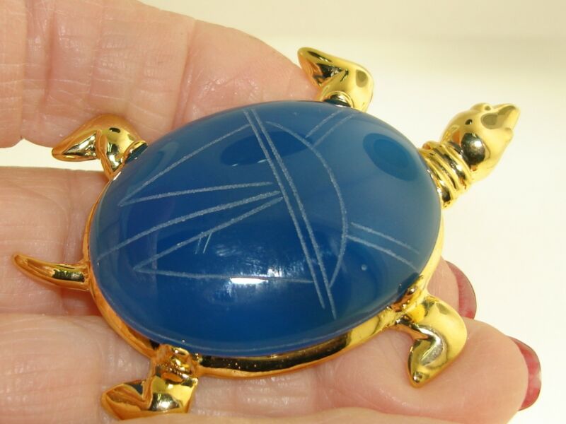 Vintage Blue Chalcedony Scarab Turtle Pin - Gold-Tone, Rare Gemstone