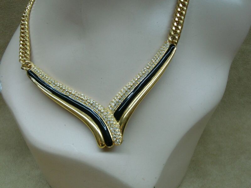 Vintage Monet Black Enamel & CZ Runway Necklace (1980s)