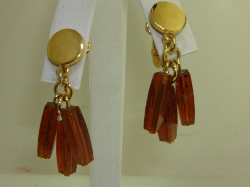 Vintage Crown Trifari Lucite Dangle Earrings - Gold-Tone & Dangling Tubes