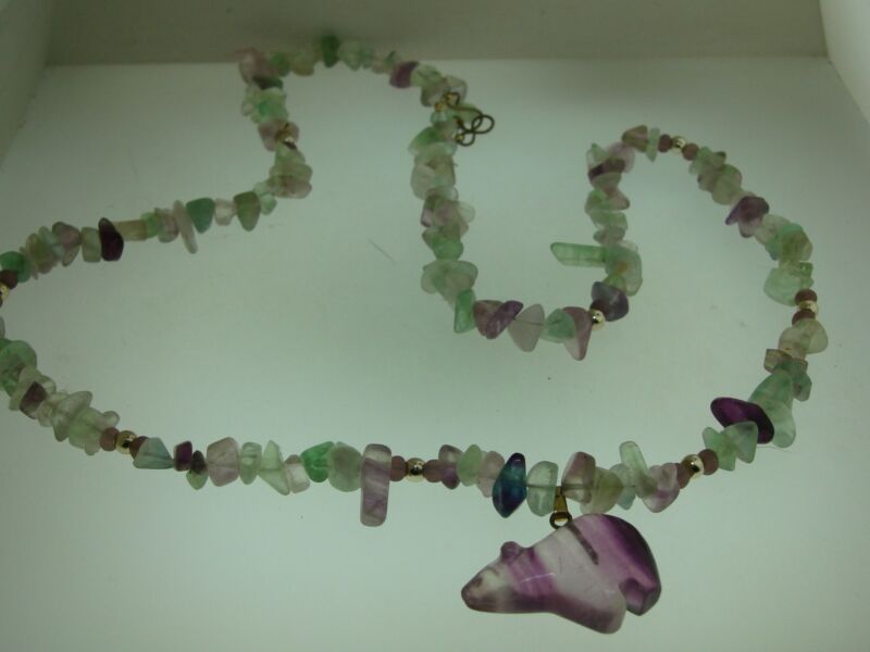 Vintage amethyst necklace with green and purple nuggets and bear fetish pendant