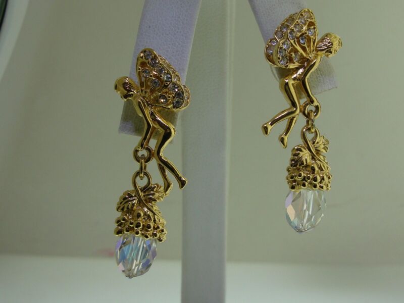 Vintage Kirk's Folly Fairy Earrings w/ AB Crystal Dangles - Excellent Condition