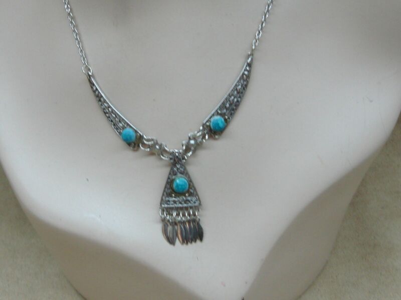 Vintage 1980s sterling silver filigree turquoise necklace