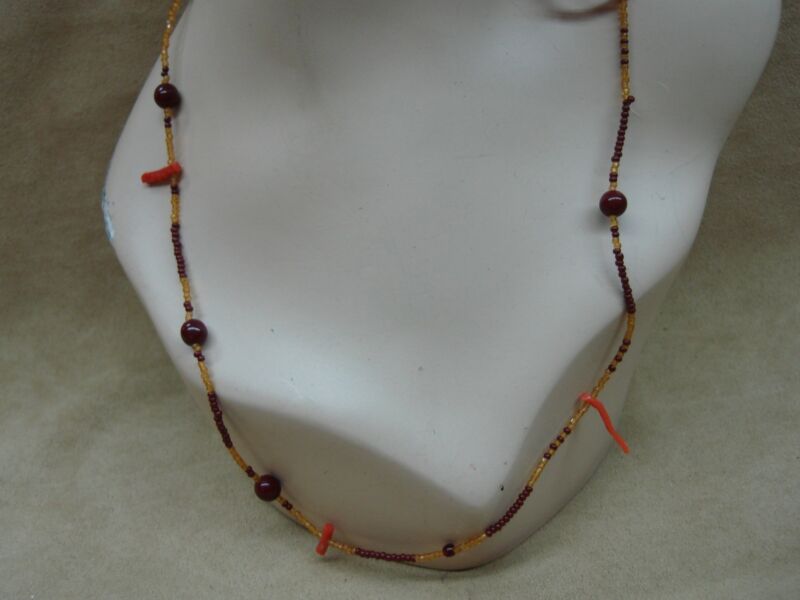 Vintage amber and brown glass bead necklace with coral
