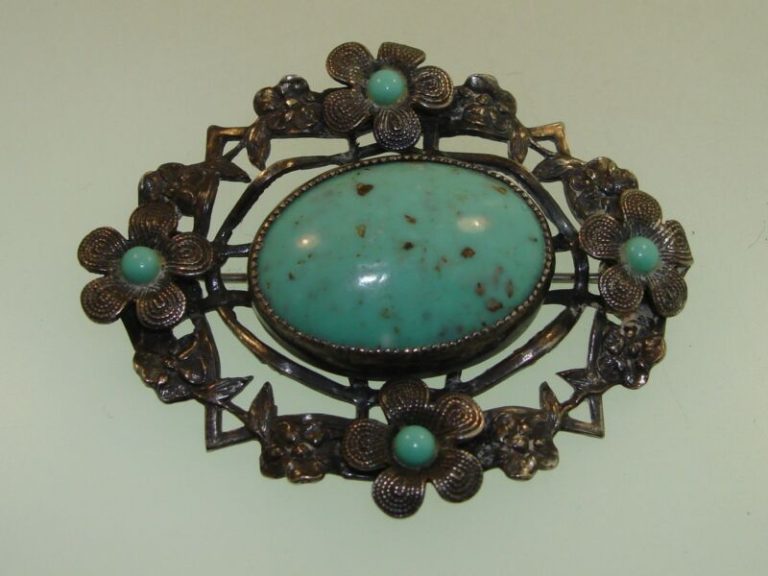 Vintage 1940s Silver Plate & Turquoise Floral Brooch Pin